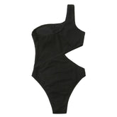 Traje de baño de una pieza con textura de un solo hombro, sólido y ahuecado